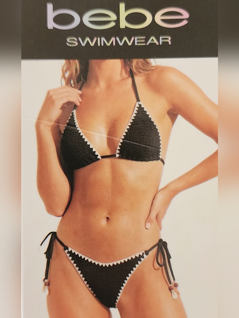 Bebe Black Triangle Bikini Set 2PC with White Trim Crochet Accent Size L NWT